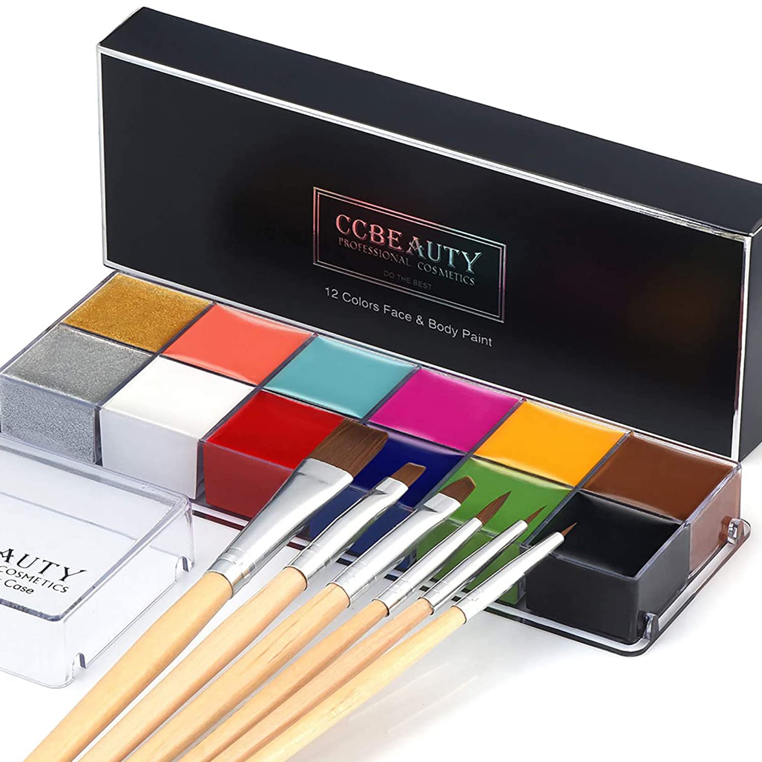 Ccbeauty Professional 12 Colors Face Body Paint Kit Oil Non Toxic High Pigment Creamy Painting Palette For Halloween Costume Fancy Sfx Cosplay Stage Makeup Set With 6 Wooden Premium Brushes, Deep