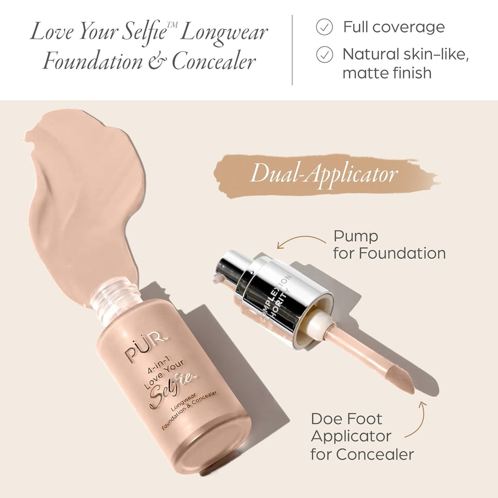 PÜR MINERALS 4-in-1 Love Your Selfie Foundation & Concealer - Longwear Medium-to-Full Coverage Liquid Makeup Foundation with Hydrating Blend for Refined-Looking, Natural Beauty Glow & Skin Texture