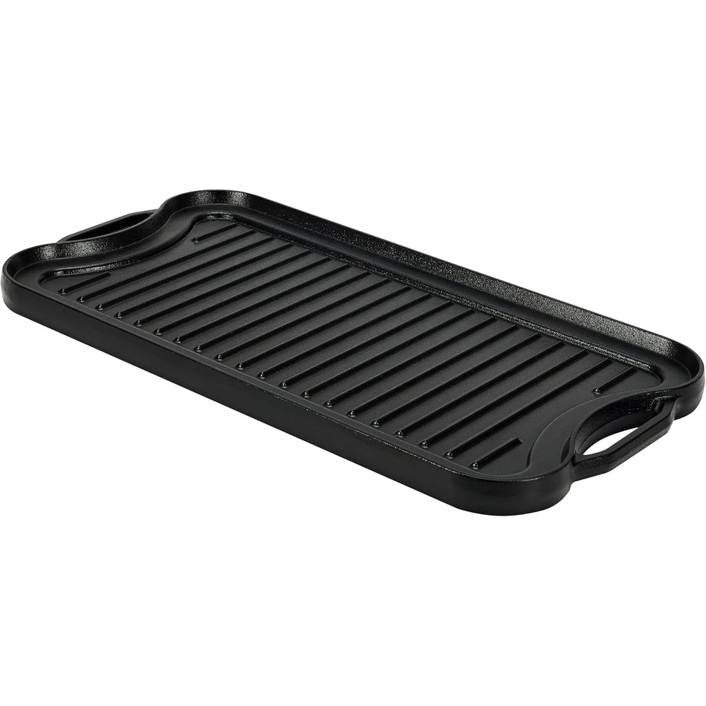 Amazon Basics Pre-Seasoned Cast Iron Reversible Rectangular Grill/Griddle with Even Heat Distribution, Black, 20 x 10.63 x 0.98 inch