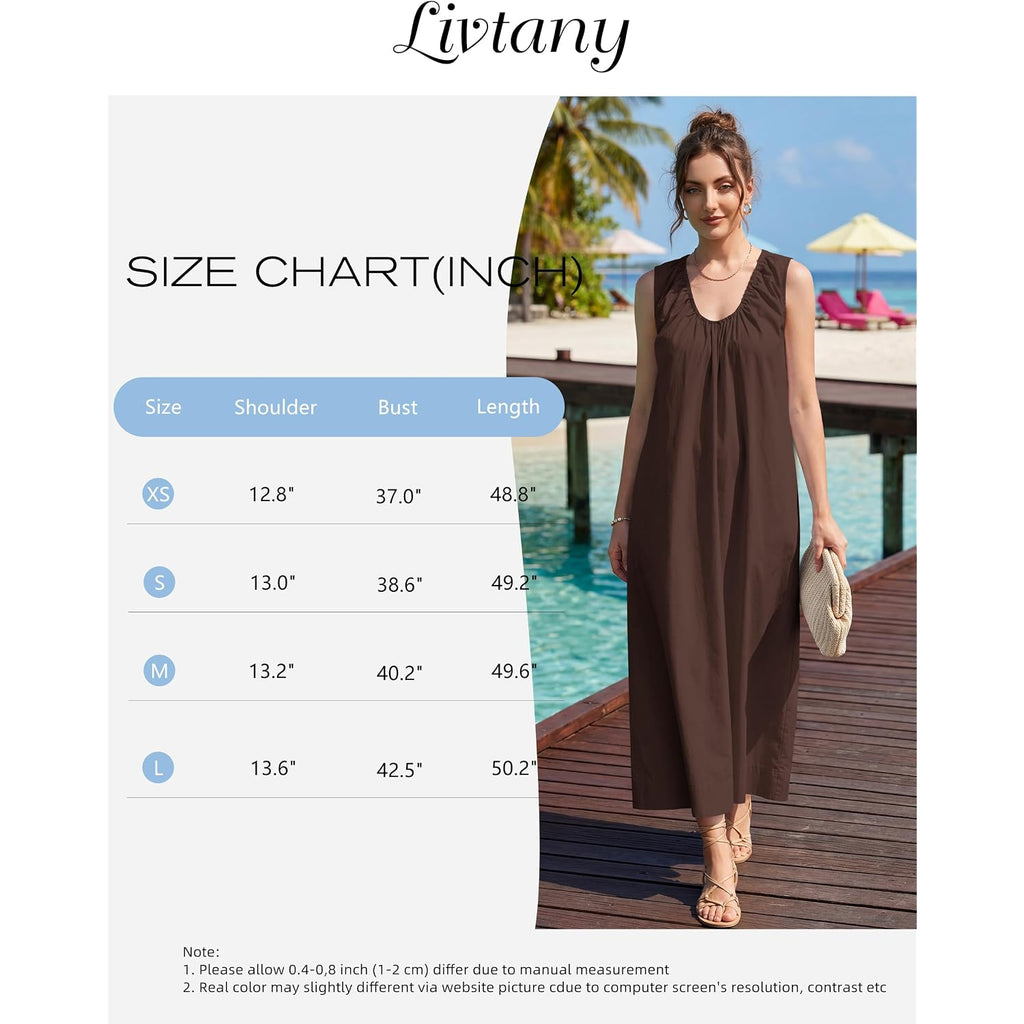 Livtany Women'S Scoop Neck Ruched Maxi Dress Flowy Swing Wide Straps Long Dress Casual Sleeveless Sundress With Side Pockets