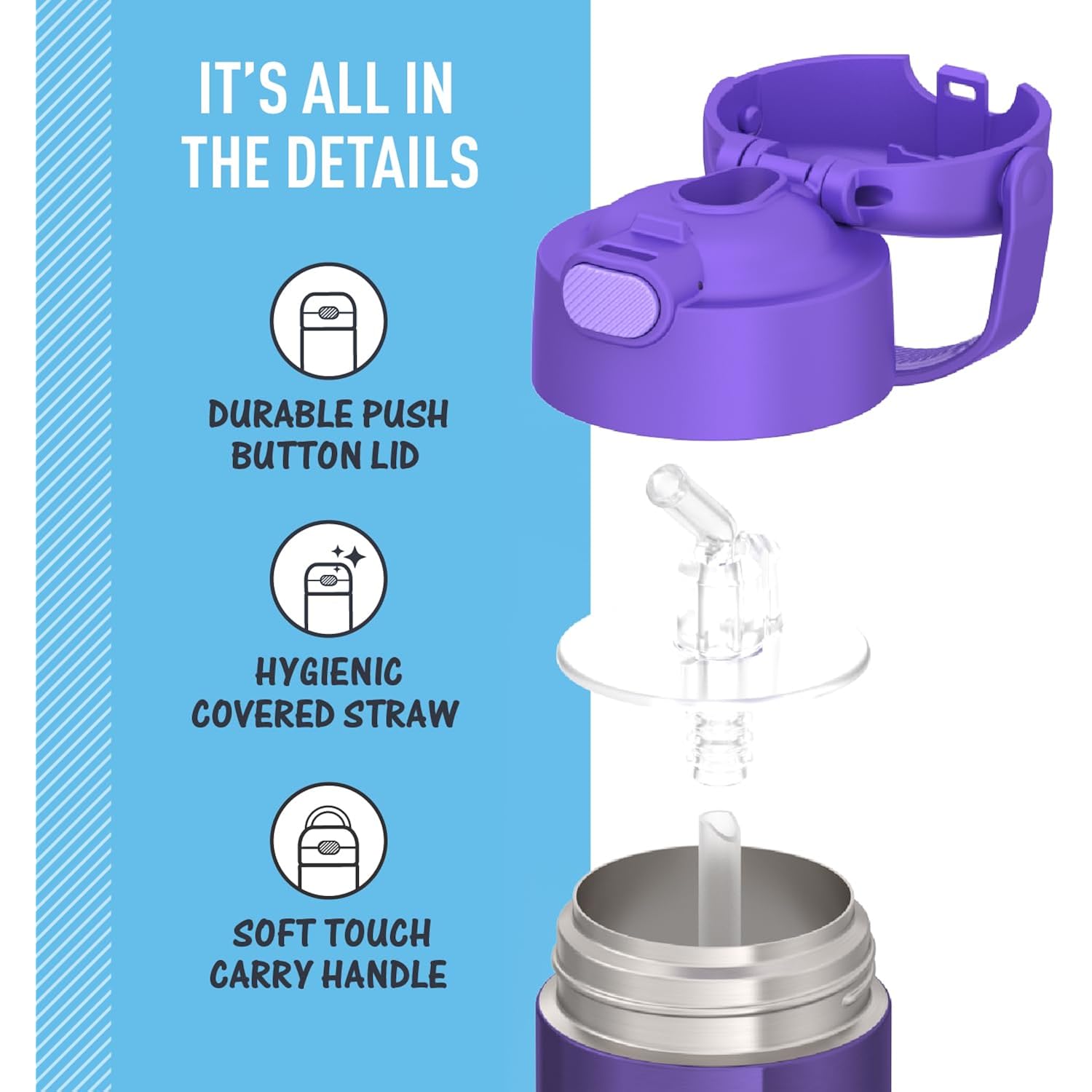 THERMOS FUNTAINER Water Bottle with Straw - 12 Ounce - Kids Stainless Steel Vacuum Insulated Water Bottle with Lid, Violet