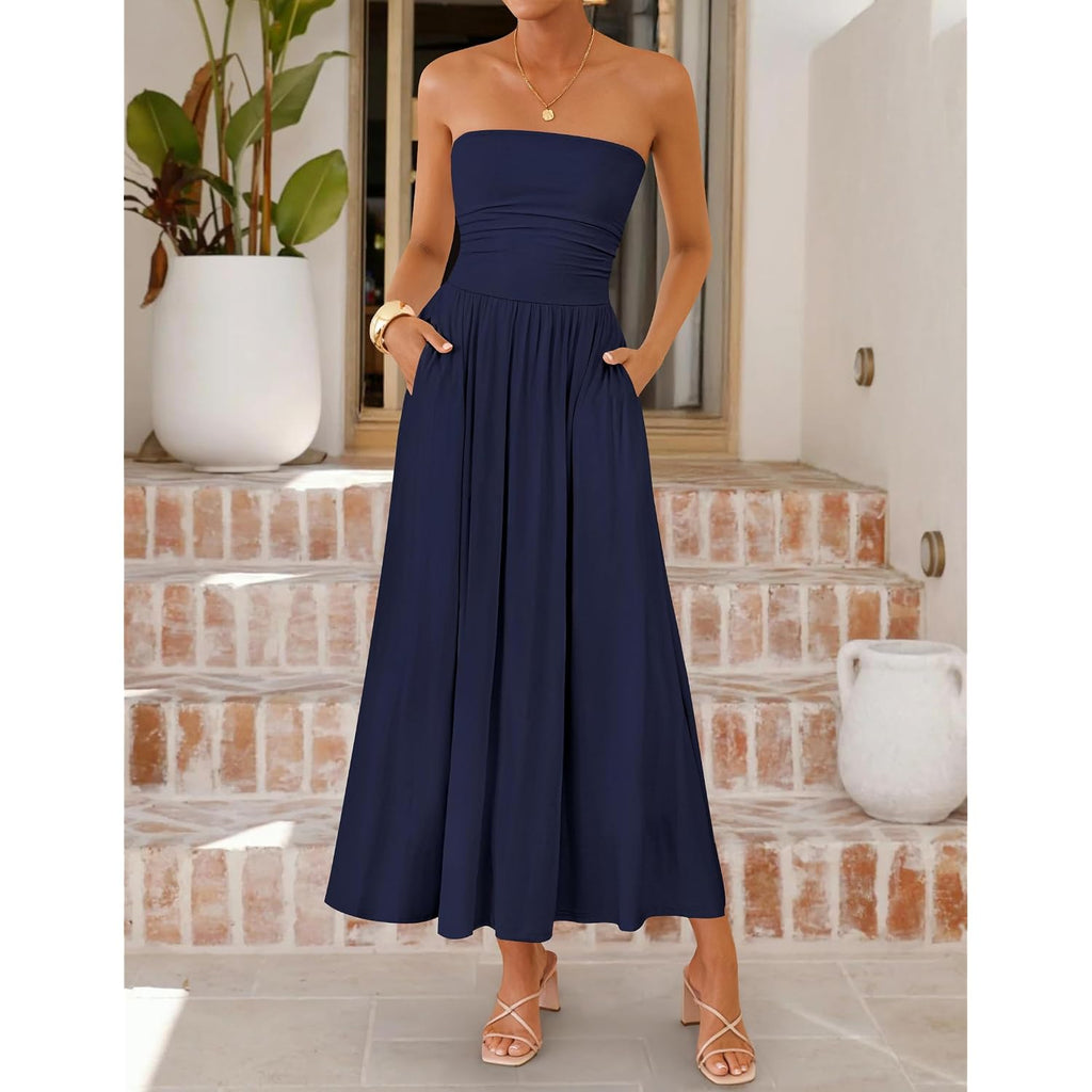 Zesica Women'S Summer Sleeveless Midi Dress 2026 Strapless Ruched A Line Flowy Wedding Guest Party Beach Long Dresses