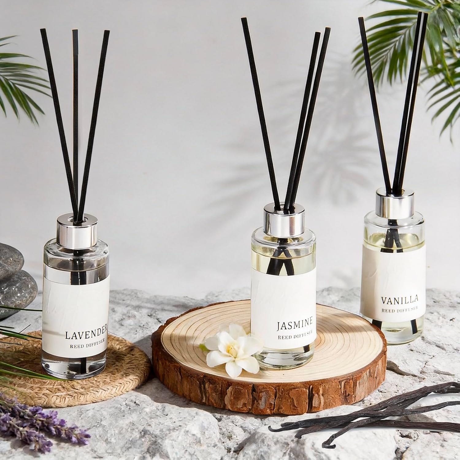 Reed Diffuser Set Of 3, Jasmine, Lavender & Vanilla Scented Oil Diffusers With 15 Reeds, Long-Lasting Home Fragrance For Bedroom & Bathroom Decor, 1.7 Fl Oz Each, Total 5.1 Oz