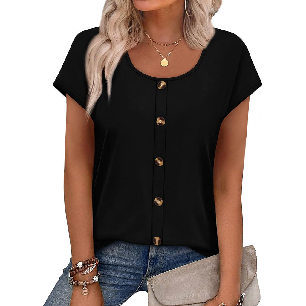 Womens Summer Tops Cap Short Sleeve Shirts Button Down Blouses U Neck T Shirts Fashion Clothing