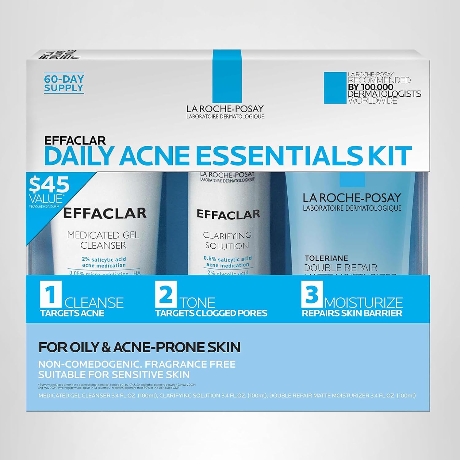 Effaclar Daily Acne Essentials Kit, Acne Treatment System, Salicylic Acid Acne Cleanser, Pore Refining Toner, & Matte Face Moisturizer For Oily Skin & Combination Skin, Oil-Free, 2 Month Supply