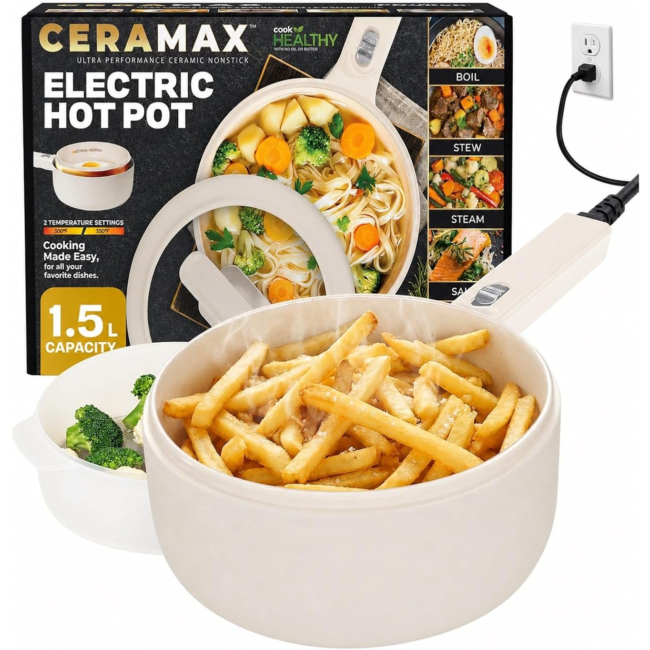 Ceramax Pro 1.5L Electric Hot Pot With Lid & Steamer | Adjustable Temp, Non Toxic Ceramic Cooker Skillet For Ramen, Eggs, Pasta For Dorms, Camping, Rv - New Improved 2026 Model