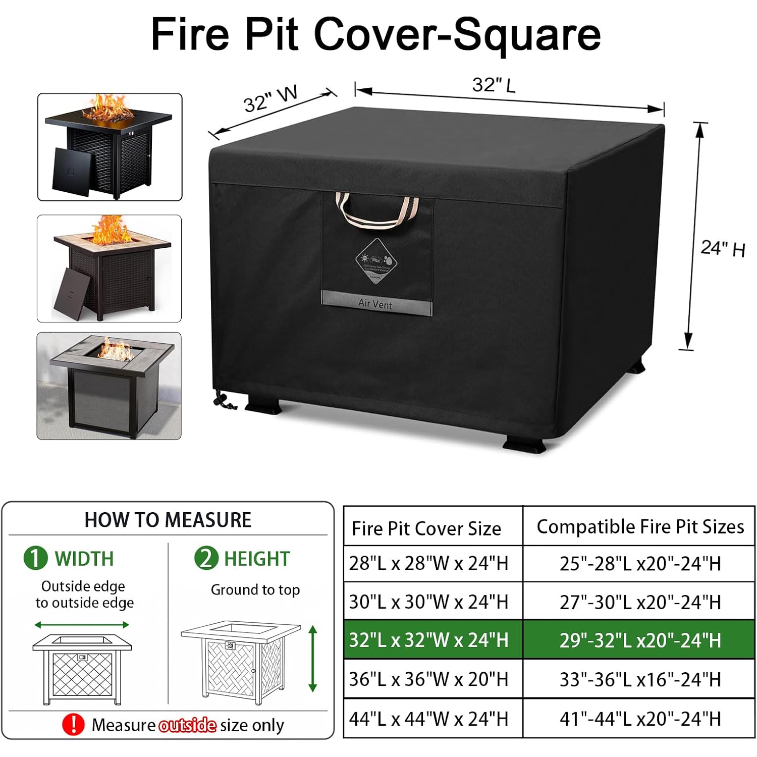 Fire Pit Cover Square Heavy Duty Fabric 100% Waterproof, Fits Outdoor For 29”,30 Inch,31 Inch,32 Inch Fire Pit/Table Cover,Gas Fire Pit Cover (32”L X 32”W X 24”H,Black)