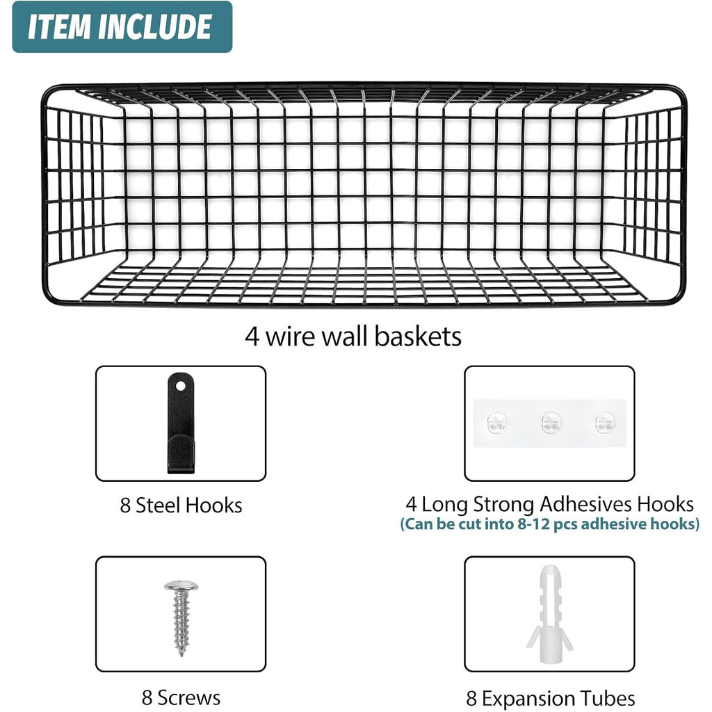 4 Set [Extra Large] Hanging Wall Mount Storage Baskets With Adhesive Hooks & Steel Hooks, Multiuse Sturdy Wire Metal Organizing Baskets For Home Kitchen Bathroom Pantry Utility Organizer, Black
