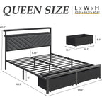 Queen Bed Frame With 2 Drawers, Upholstered Headboard With Storage And Charging Station, Led Lights, Fabric Drawers With Wheels, Under Bed Storage, No Box Spring Needed, Easy Assembly, Grey