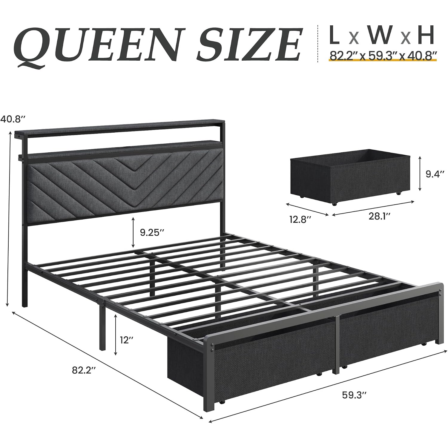 Queen Bed Frame With 2 Drawers, Upholstered Headboard With Storage And Charging Station, Led Lights, Fabric Drawers With Wheels, Under Bed Storage, No Box Spring Needed, Easy Assembly, Grey
