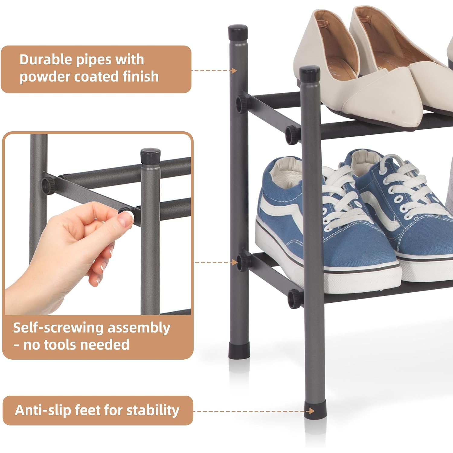 Storage Maniac Expandable Shoe Rack For Closet, 8 Pairs Stackable Small Shoe Rack, Metal Adjustable Shoes Organizer For Entryway, Hallway, Garage, Front Door, Shoes Shelves, Black 2 Tier