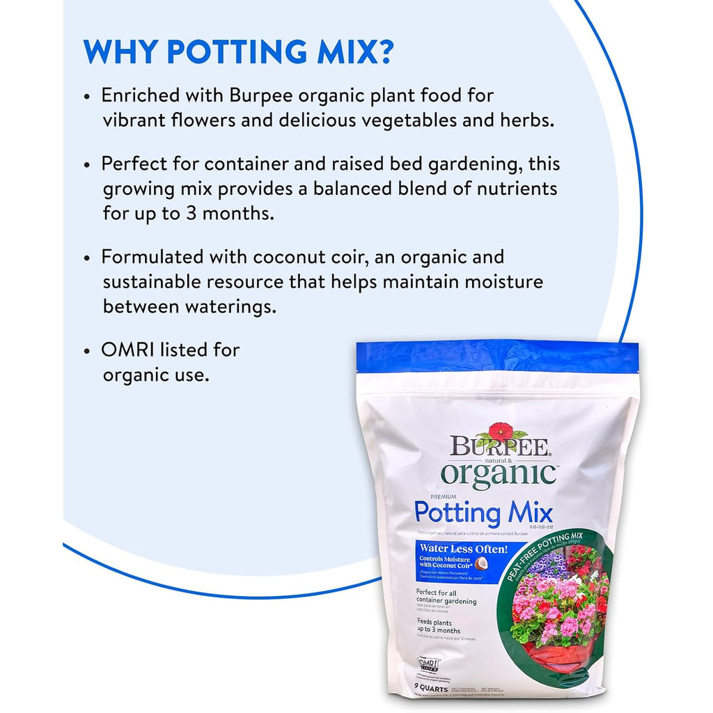 Burpee, 9 Quarts | Premium Organic Potting Natural Soil Mix Food Ideal For Container Garden-Vegetable, Flower & Herb Use For Indoor Outdoor Plant