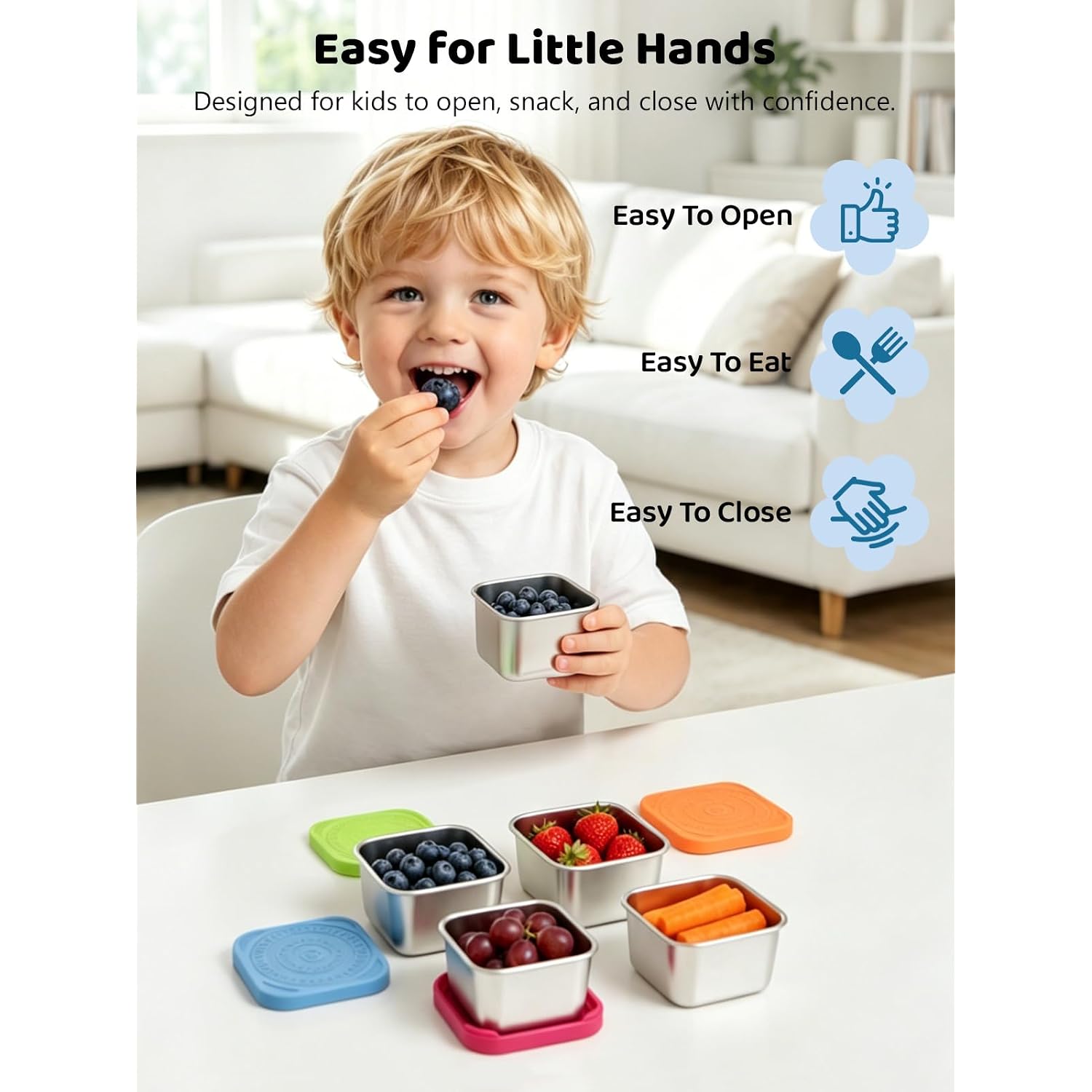 Htevw 6 Pack Stainless Steel Snack Containers For Kids, 6 Oz Toddler Snack Containers With Silicone Lids, Reusable Leak Resistant Food Containers For School Lunch, Daycare, Travel & Portion Control
