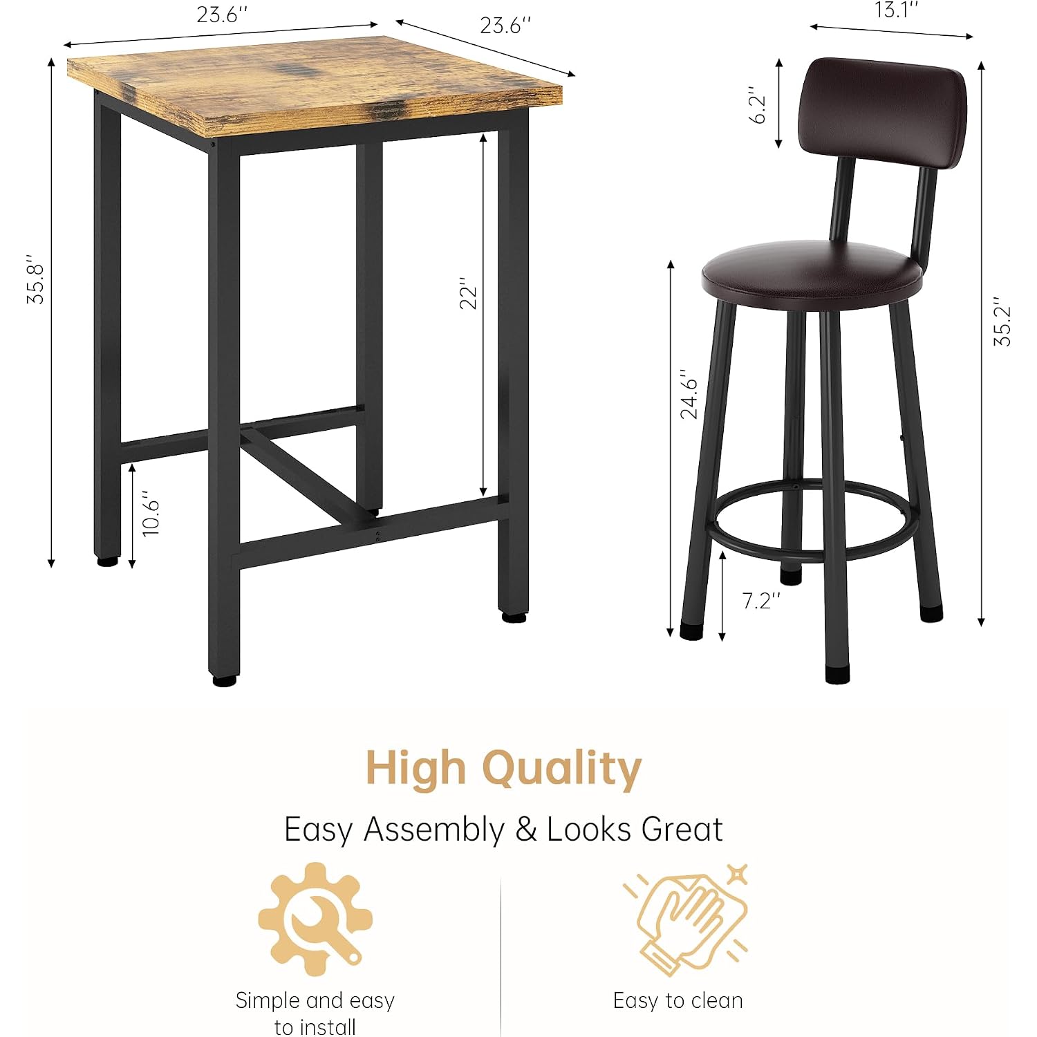 Recaceik 3 Piece Pub Dining Set, Modern Bar Table And Stools For 2 Kitchen Counter Height Wood Top Bistro Easy Assemble For Breakfast Nook Living Room Small Space Restaurant