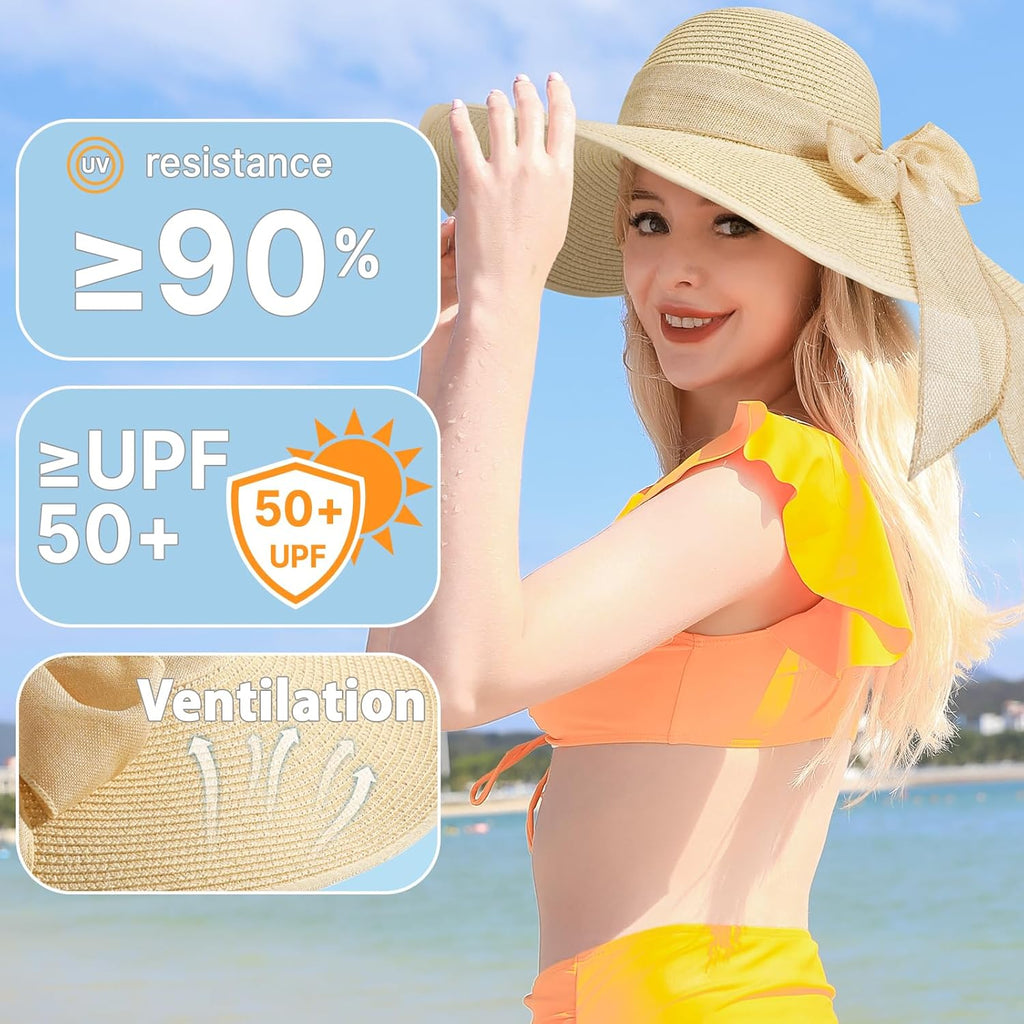 Beach Sun Straw Hats for Women, Wide Brim UPF 50+ UV Sun Protection Summer Straw Hat Packable Foldable Roll up Cap