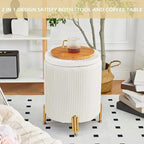 Round Ottoman Foot Stool With Storage And Metal Legs For Living Room Bedroom, Velvet Upholstered Footrest Stool Support 300Lbs Modern Padded Seat Ottoman Coffee Table (Cream)