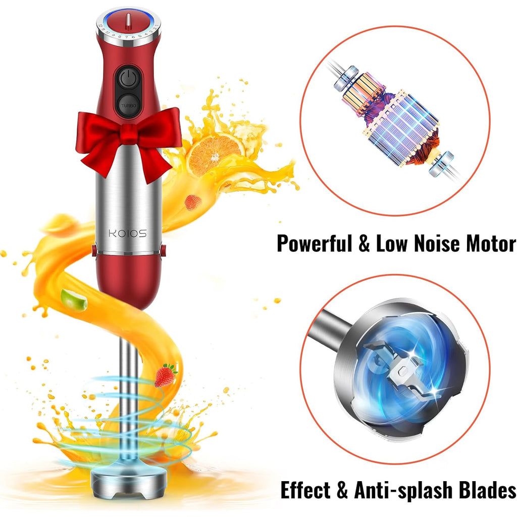Koios 5-In-1 Hand Immersion Blender, 1000W 12 Speed Handheld Blender Stick With Copper Motor Stainless Steel Blade, 600Ml Mixing Beaker,500Ml Food Processor, Whisk, Milk Frother, Non-Bpa, Red
