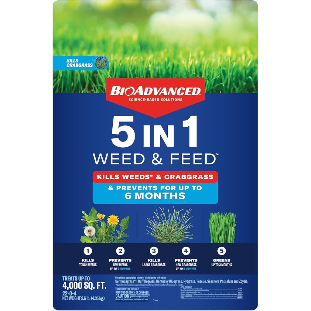 Bioadvanced 5-In-1 Weed And Feed Granules - Kills Lawn Weeds & Crabgrass - Feeds, Greens & Strengthens Lawn - Treats Up To 4,000 Square Feet - 9.6 Lb Bag | Kills Lawn Weeds & Crabgrass - Feeds, Greens, And Strengthens Lawn - Treats Up To 4,000 Square Feet