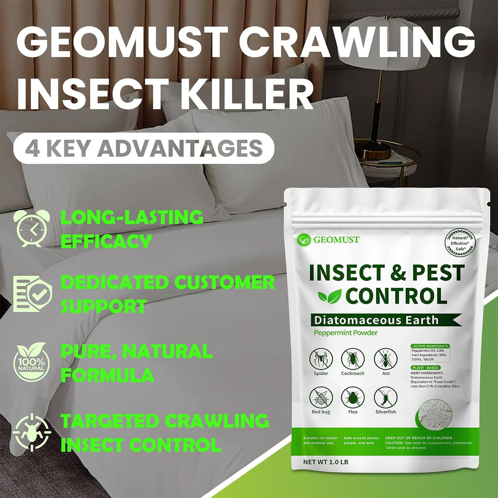 Diatomaceous Earth Food Grade And Peppermint Oil Insect Killer, Natural Crawling Pest Control For Home Garden, Kills Ants, Roaches, Fleas, Bed Bugs Silverfish, Indoor Outdoor Use, 1 Lb