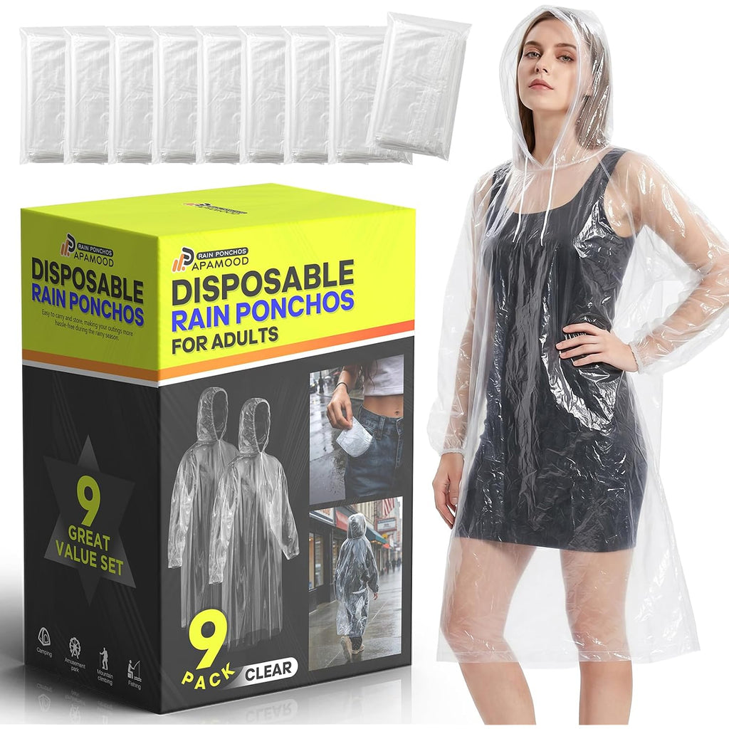 Disposable Rain Ponchos, 6Pk/9Pk Family Pack For Adults, Emergency Raincoat With Drawstring Hood For Travel Camping