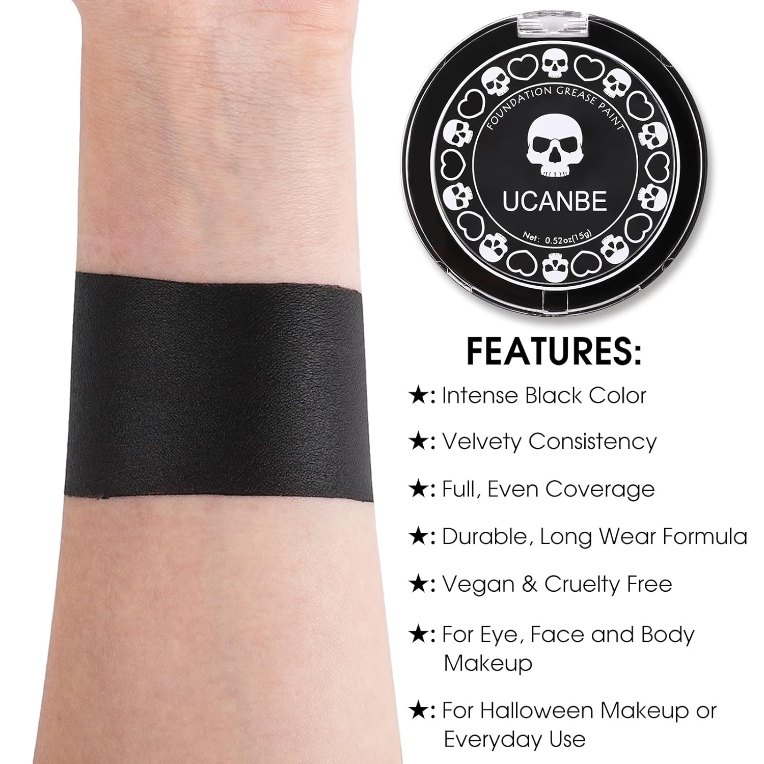 UCANBE Black Cream Face & Body Makeup Foundation, Professional Non-Toxic Greasepaint, Halloween Face Body Paint Palette for Kids & Adults, Facepaint for SFX Clown Zombie Vampire Skull Skeleton Cosplay