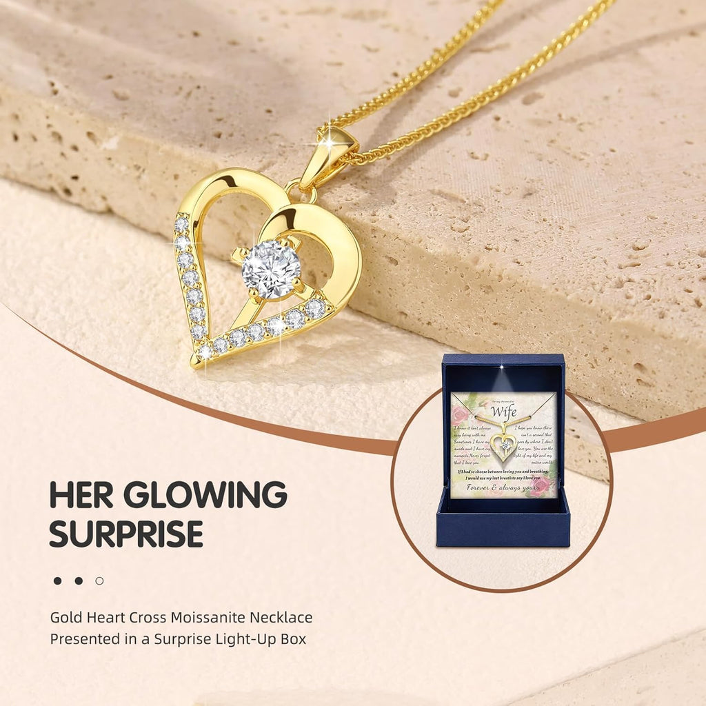 Moissanite Cross Necklace for Women in Light-Up Gift Box Heart Cross Jewelry 1CT Pendant for Women Mothers Day Gifts for Wife Anniversary Birthday Gifts (S925 Sterling Silver/18K Real Gold Filled)