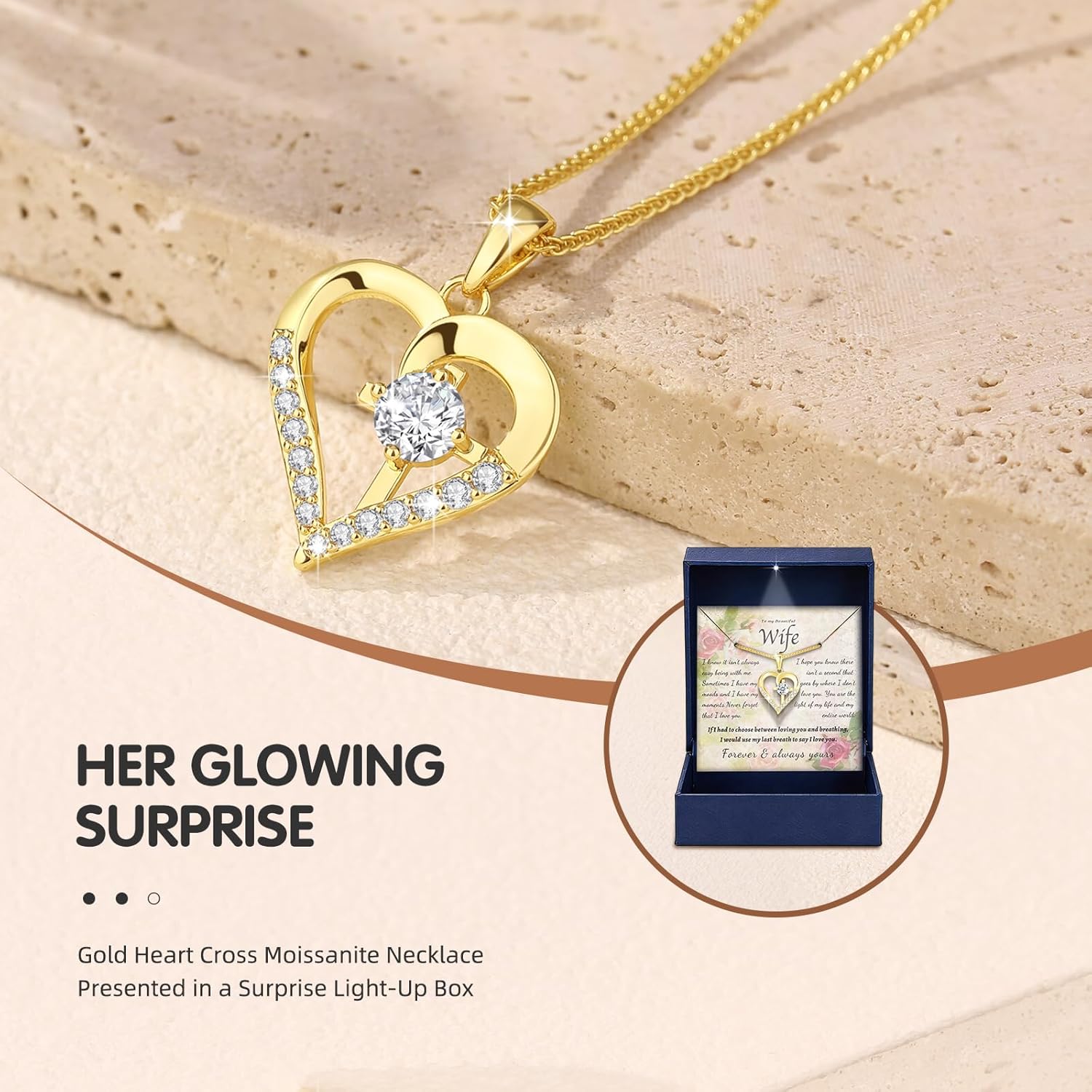 Moissanite Cross Necklace for Women in Light-Up Gift Box Heart Cross Jewelry 1CT Pendant for Women Mothers Day Gifts for Wife Anniversary Birthday Gifts (S925 Sterling Silver/18K Real Gold Filled)