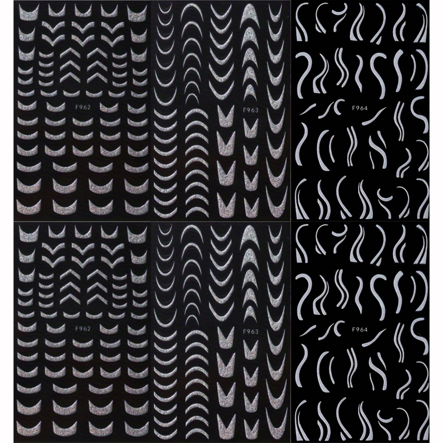 6 Sheets 3D Self-Adhesive French Tip Nail Art Stickers Decals Silver Glitter Nail Stickers Sparkly Nail Decorations Decals Curved Lines Nails Art Designs for Women DIY Nail Art Accessories