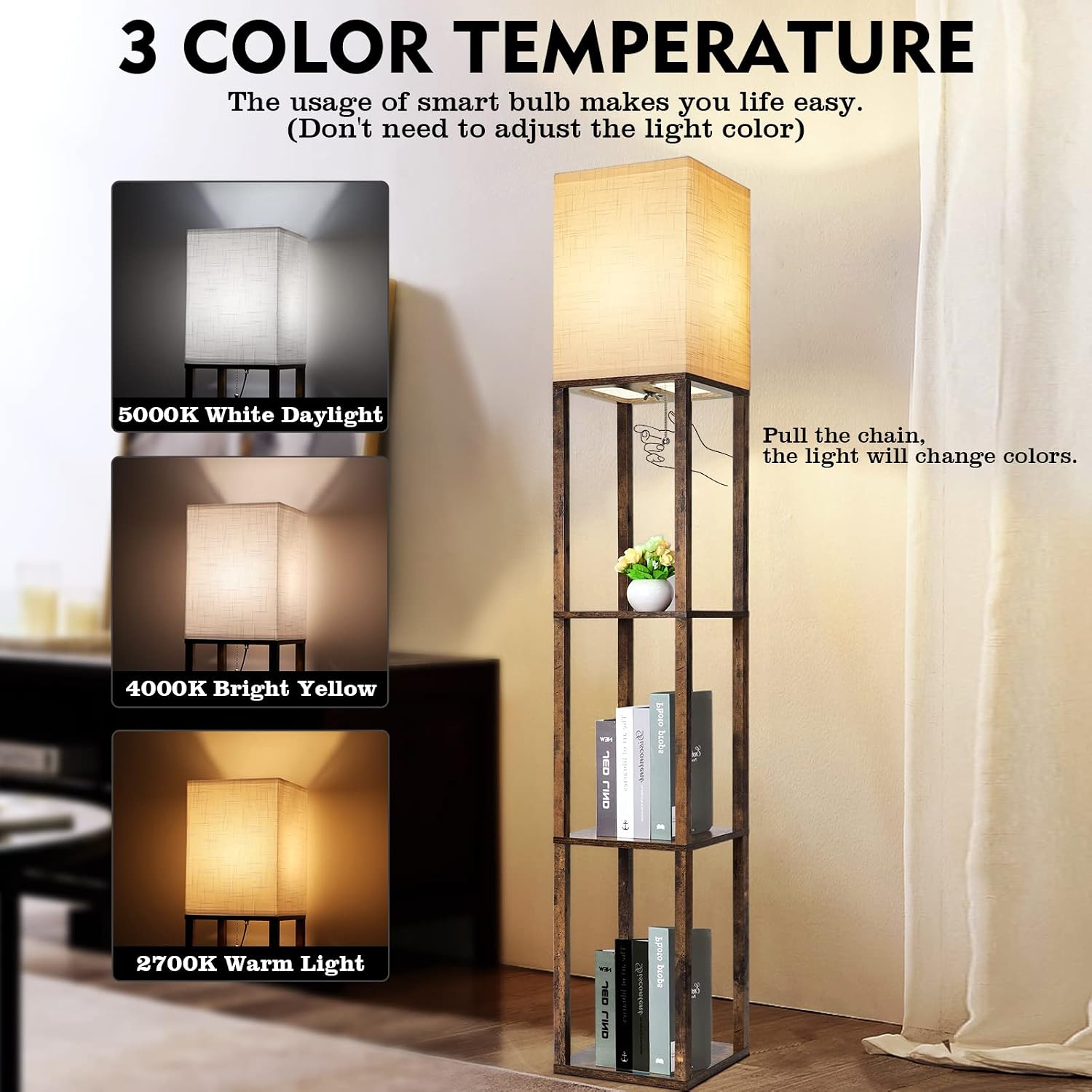 Floor Lamp With Shelves, Modern Shelf Lamp For Display Storage, 3 Color Temperature Wood Narrow Standing Corner Lamp With 8W Bulb For Living Room Decor, Bedroom, Office, Home Decor(Brown)