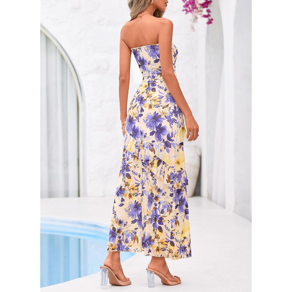 Btfbm Off The Shoulder Dresses For Women Summer 2026 Strapless Ruffle Slit Formal Wedding Guest Dress Cocktail Party