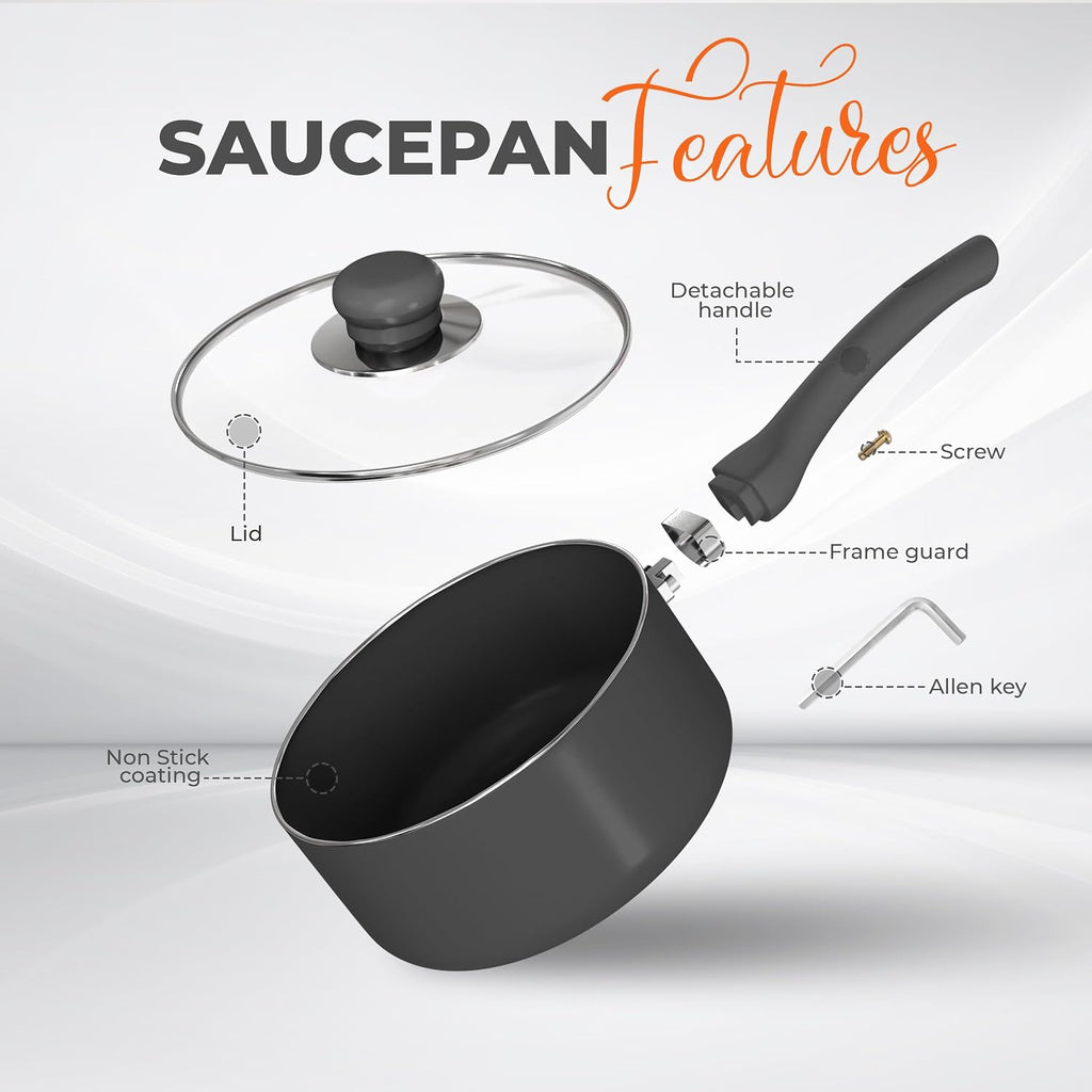 Utopia Kitchen 2 Quart Detachable Handle Nonstick Saucepan With Glass Lid, Multipurpose Use For Home, Kitchen Or Restaurant, Grey & Black