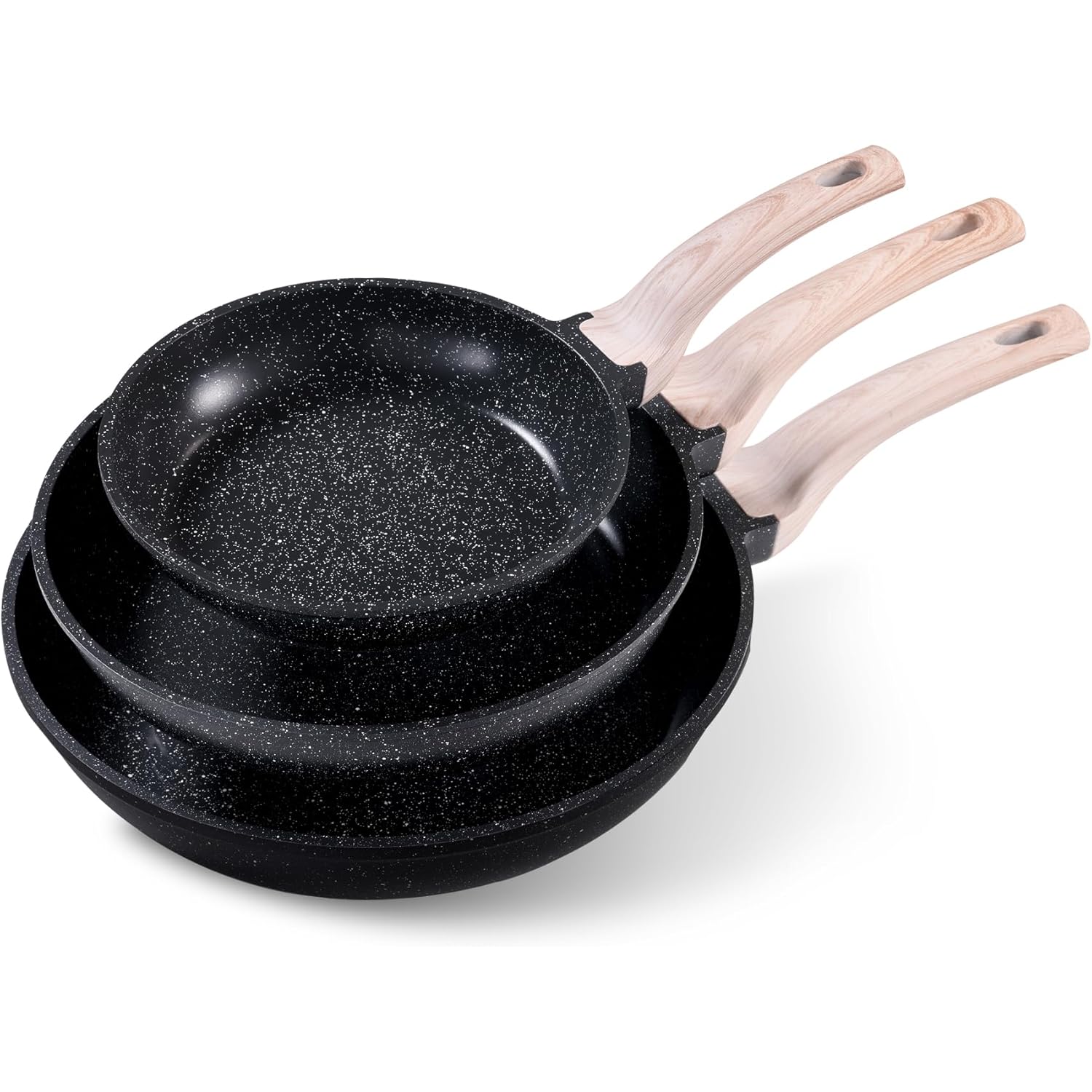CAROTE Non Stick Frying Pan Skillet Set, Omelet Pan, Healthy Non Toxic Granite Chef Pan, Induction Compatible Egg Frying Pan with Heat-Resistant Handle, PFOA-Free,Black, 8"+10"+12"
