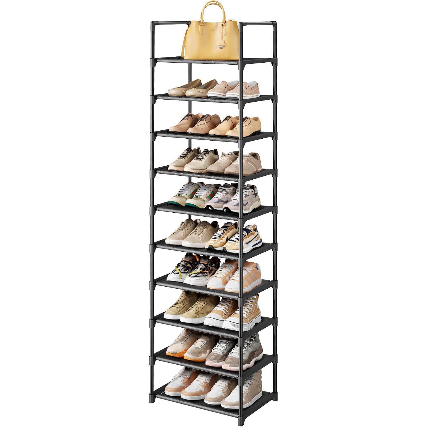 Kitsure Shoe Rack - 10-Tier Shoe Organizer With Detachable Fabric Shelves & Metal Frame, Tall Shoe Rack For Closet, Entryway, Living Room, 16.9" Wide - 10 Tier, Black