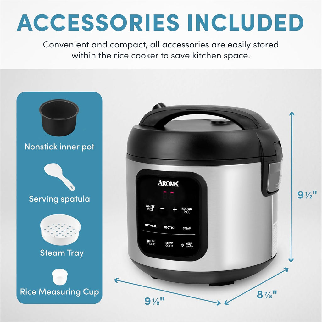 Aroma Digital Rice Cooker, 4-Cup (Uncooked) / 8-Cup (Cooked), 2 Qt, Steamer, Multicooker, Slow Cooker, Oatmeal Cooker, Auto Keep Warm, Stainless Steel Exterior