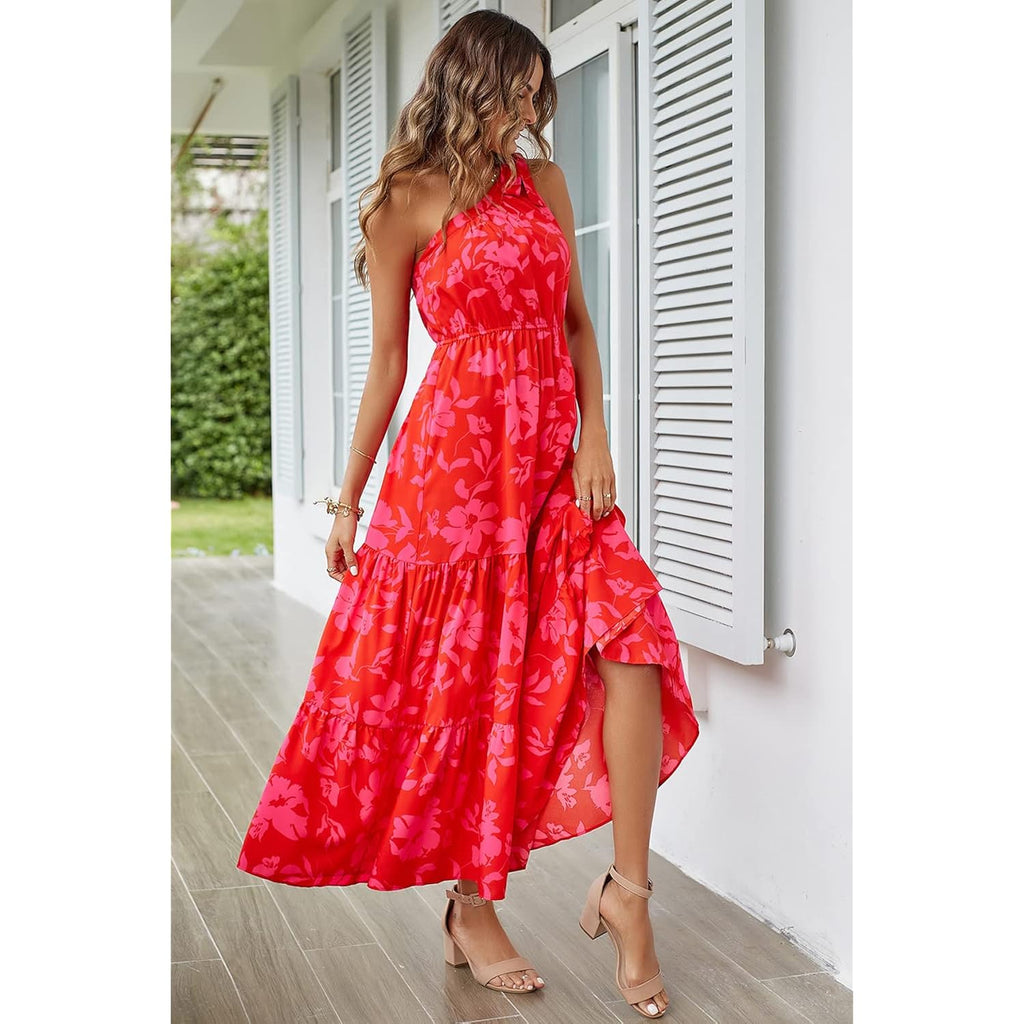 Prettygarden Women'S Summer Floral One Shoulder Maxi Dress Knot Ruffle Boho Beach Vacation Wedding Guest Long Sun Dresses