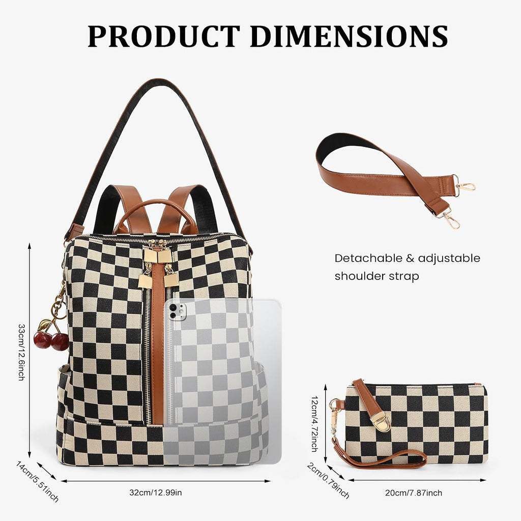 Small Backpack Purse For Women Checkered Back Pack Purses Ladies Backpack Handbags With Cherry Pendant Work Travel