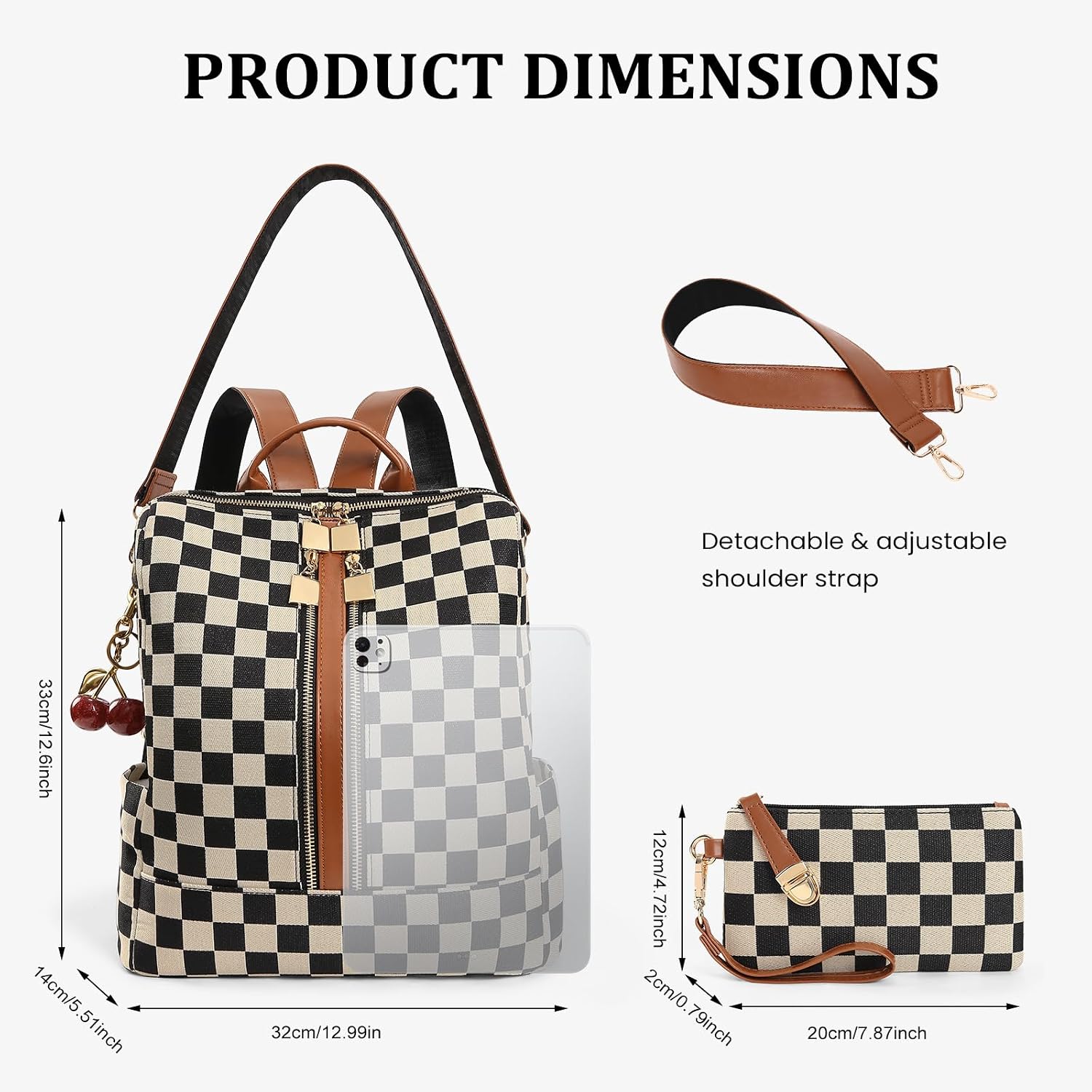 Small Backpack Purse For Women Checkered Back Pack Purses Ladies Backpack Handbags With Cherry Pendant Work Travel
