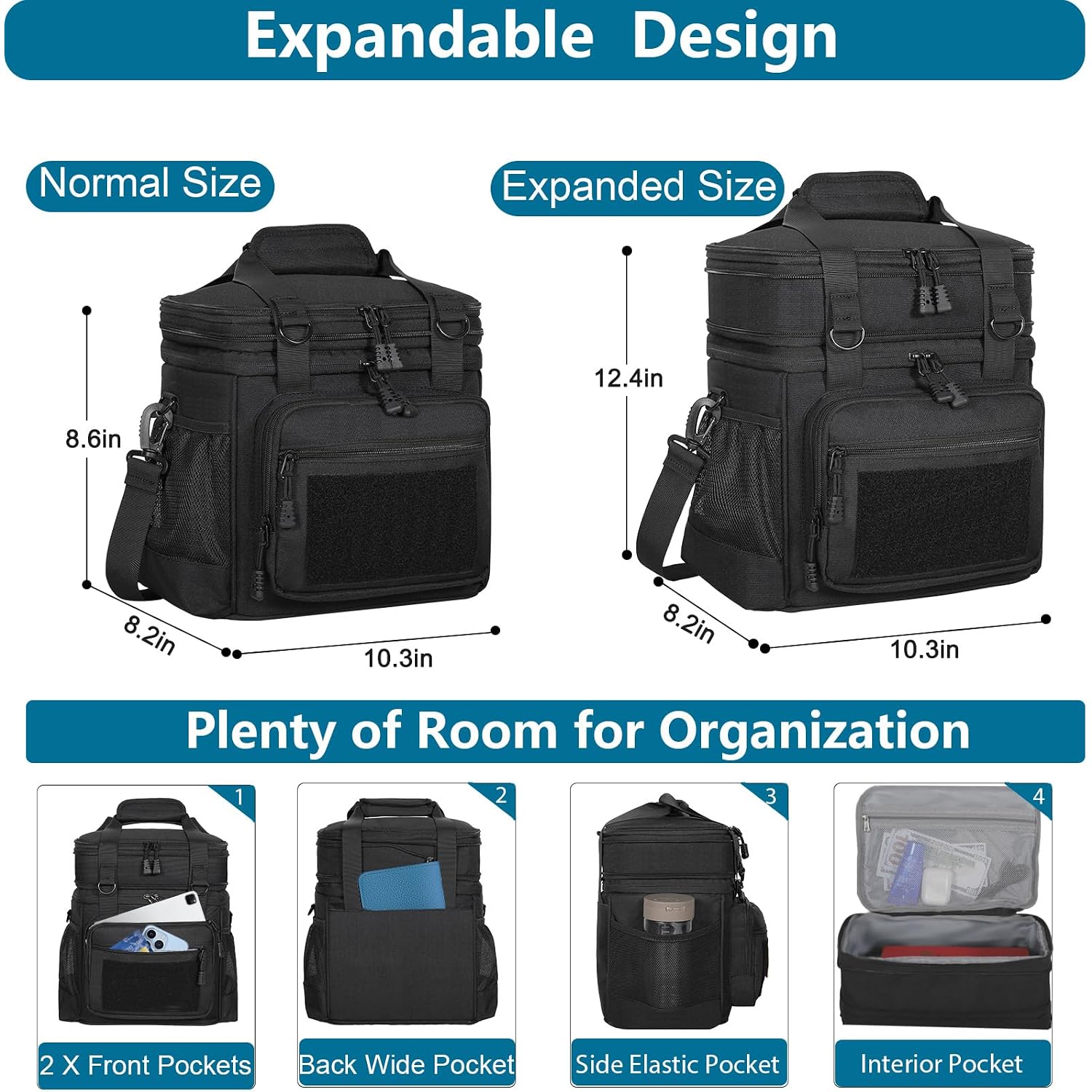 Tactical Lunch Box Cooler Bag - Expandable Insulated Lunch Bag For Men Daily - Large Lunchbox For Adults Work Shifts Outdoor Trips Black 16L