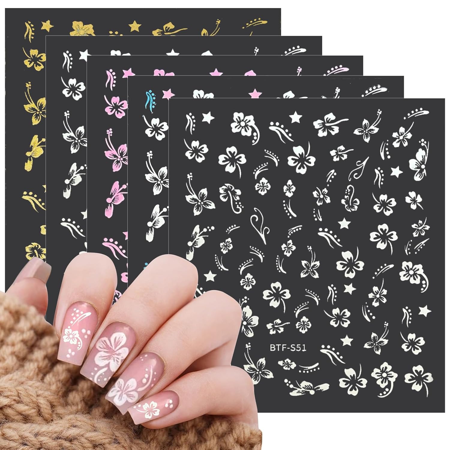 MUIIGOOD Flower Nail Stickers 10 Sheets Hibiscus Nail Decals White Pink Golden Clear Silver Decals Nail Art Decorations Nail Decals Nail Art Supplies Nail Designs for Women Manicure Tips