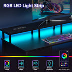 Korfile 47 Inch Gaming Desk With Power Outlets And Led Lights, Reversible Computer Desk With 5 Fabric Storage Drawers, Home Office Desk With Monitor Stand For Working Writing Study, Black