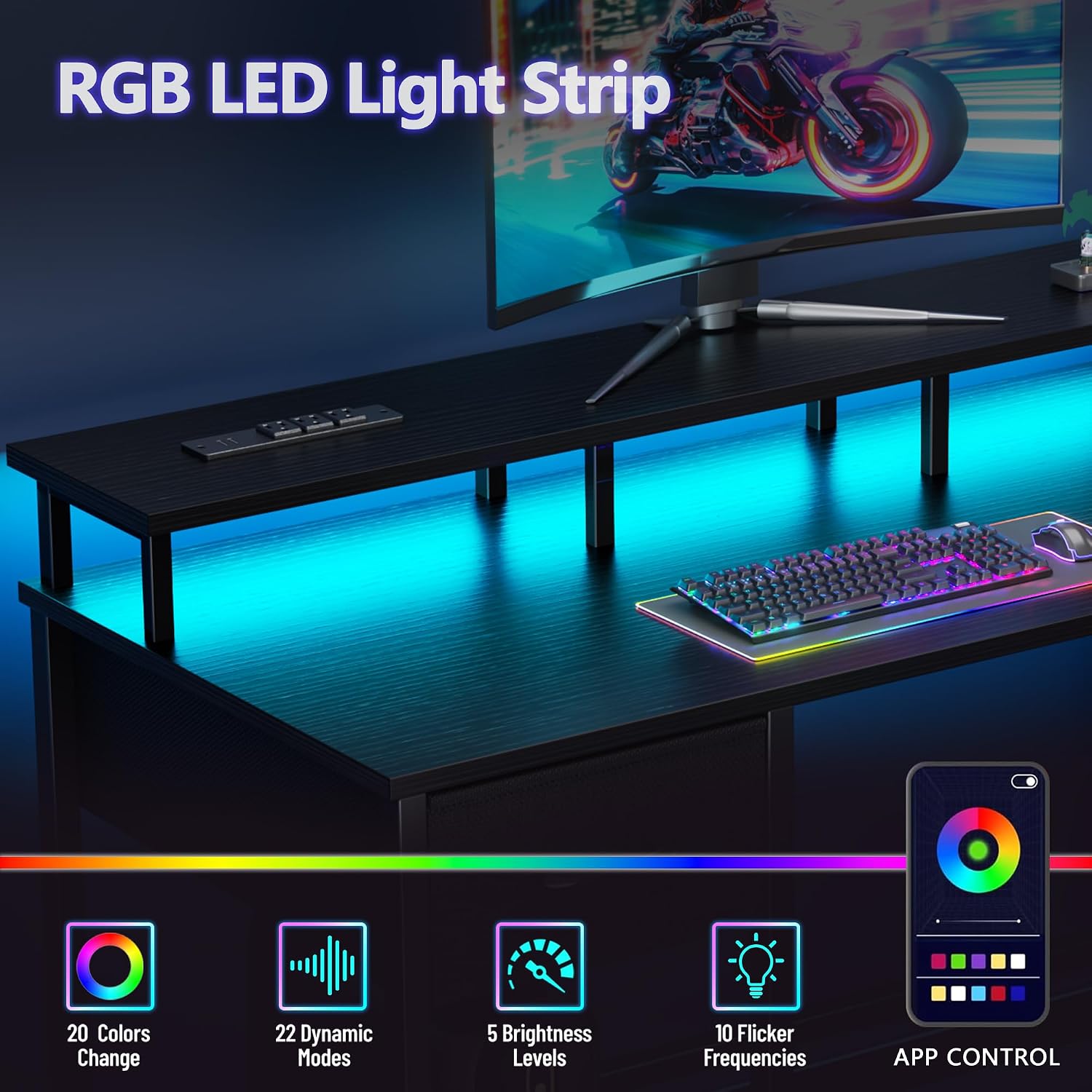 Korfile 47 Inch Gaming Desk With Power Outlets And Led Lights, Reversible Computer Desk With 5 Fabric Storage Drawers, Home Office Desk With Monitor Stand For Working Writing Study, Black