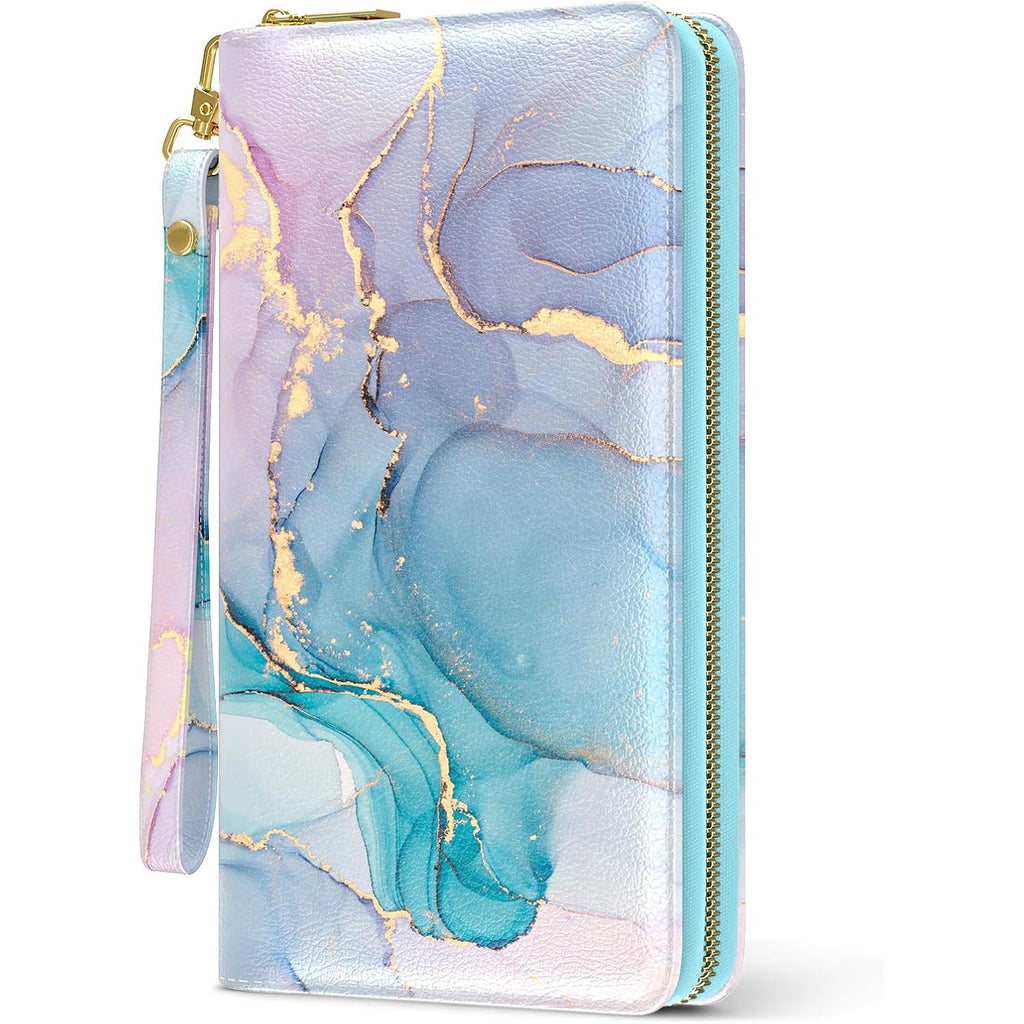 Nipichsha Womens Wallet, RFID Wristlet Wallet for Women, Cute Ladies Purse, Large Credit Card Clutch Purse, Leather Card Holder Wallets with Zipper & Phone Holder, Colorful Ink Marble