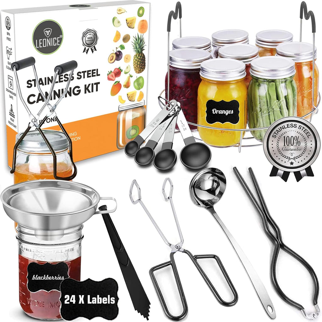 Canning Supplies Starter Kit, Stainless Steel Canning Set Tools: Rack, Ladle, Measuring Spoons, Funnel, Tongs, Jar Lifter, Lid Lifter & Accessories For Canner/Pot, Beginner, Home Canning Kit - Black