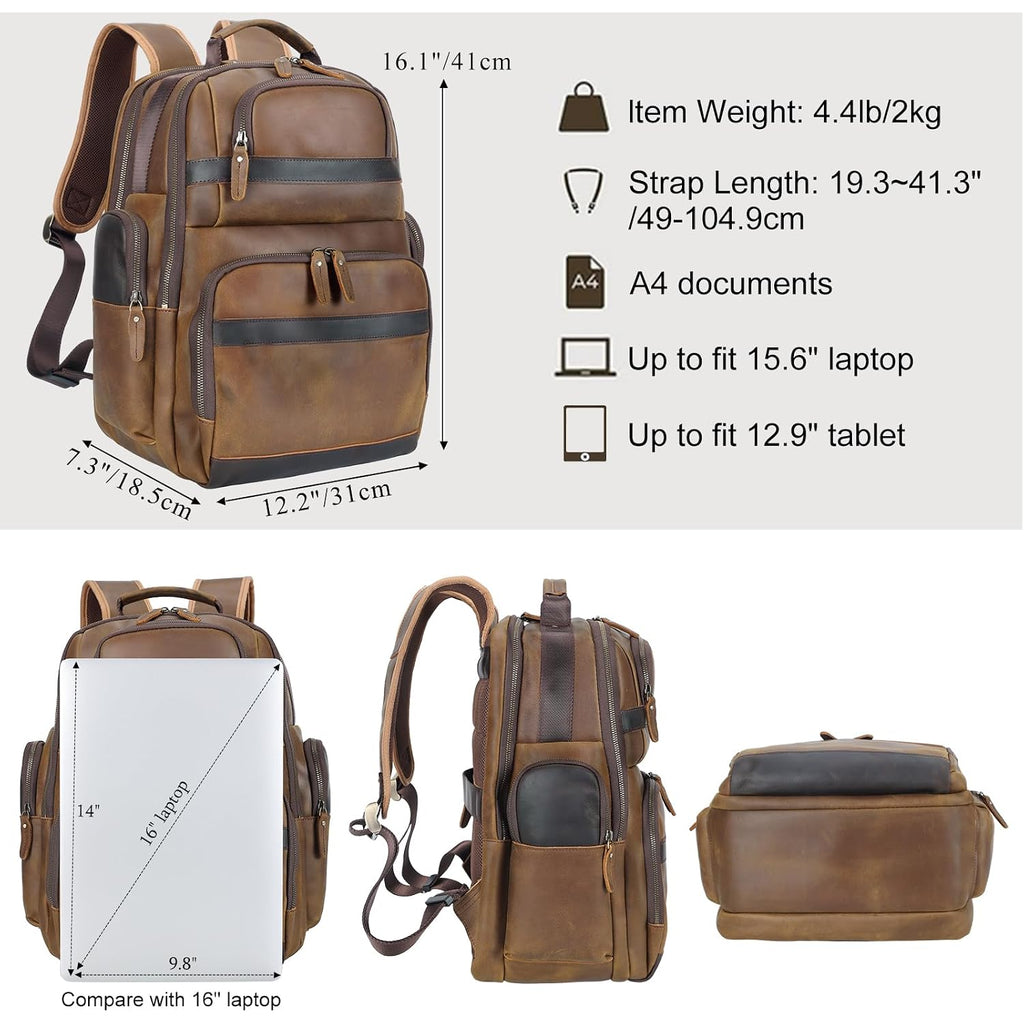 Tiding Men'S Leather Backpack 14"/ 15.6" Laptop Business Travel Daypack | Thick Sponge Padded Laptop & Tablet Sleeves, Water Bottle Holder, Luggage Strap, Anti-Theft Pocket, Large Capacity