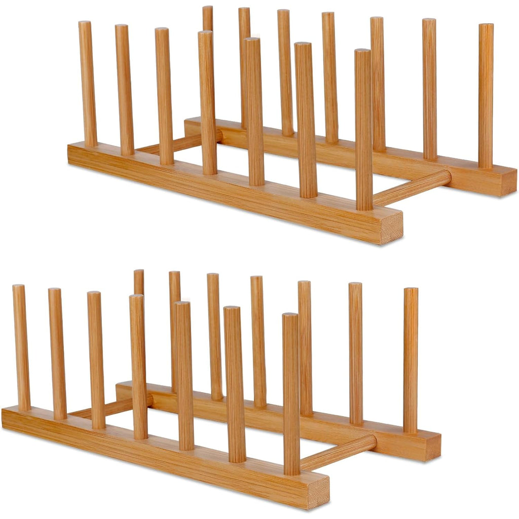 Bamboo Wooden Dish Racks Plate Stand Holder Vertical Drainer Kitchen Cabinet Organizer For Dish, Pots, Lids, Bowls, Cups, And Cutting Boards And Books(2 Packs)