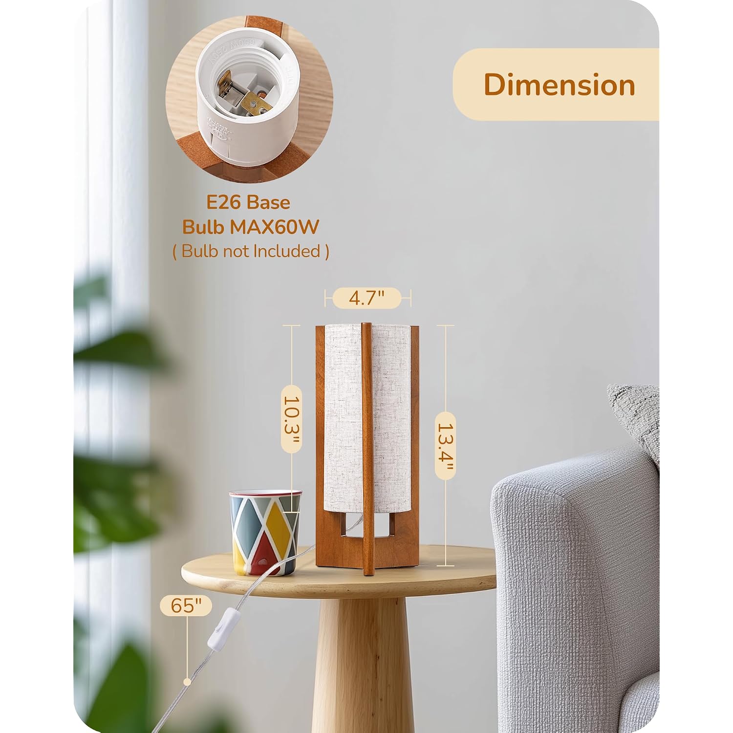 Edishine 13.5" Small Table Lamp, Walnut Wood Cylinder Nightstand Lamp For Bedroom, Beige Linen Shade, Corner Modern Bedside Lamp For Living Room, On-Off Line Switch, E26 Base (Bulb Not Included)