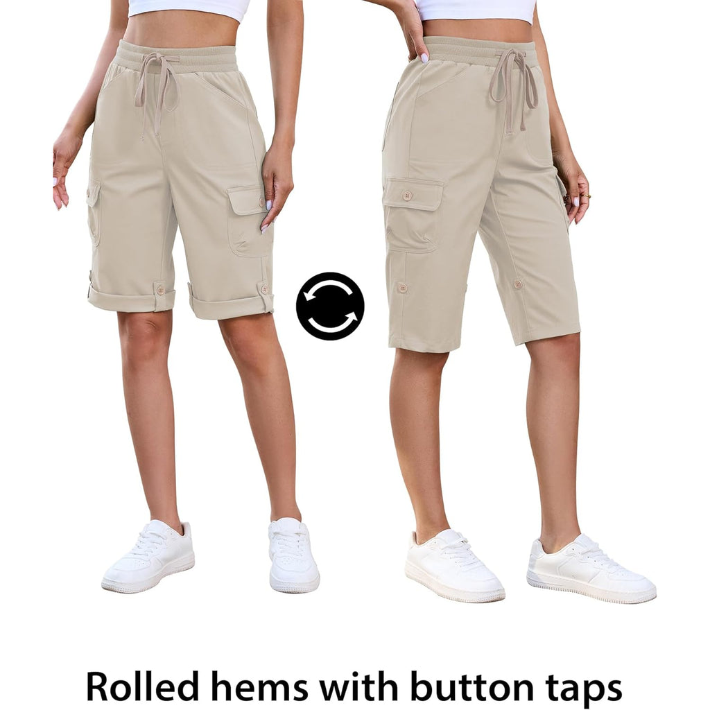Bermuda Shorts for Women Knee Length Pull On Elasitc Waist High Rise Fold Hem Casual Summer Chino Cargo Shorts