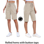 Bermuda Shorts for Women Knee Length Pull On Elasitc Waist High Rise Fold Hem Casual Summer Chino Cargo Shorts