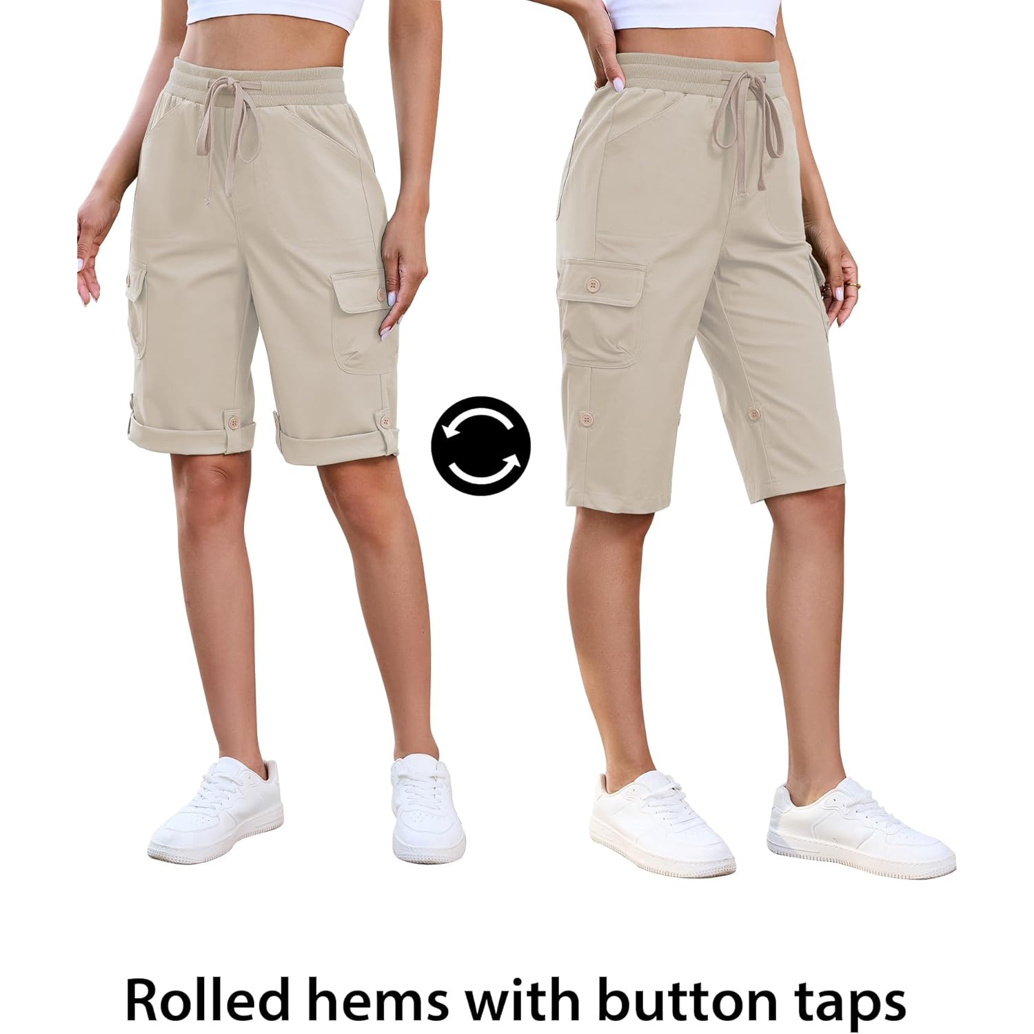 Bermuda Shorts for Women Knee Length Pull On Elasitc Waist High Rise Fold Hem Casual Summer Chino Cargo Shorts