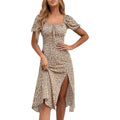 Sprime Women'S Floral Summer Casual Dress Square Neck Puff Sleeve Boho Midi Dresses Ruched Bust High Waist Split Long Dress